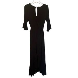 Peach Love Maxi Dress Black 1/4 sleeves V Neck Front Slit Womens Size Small